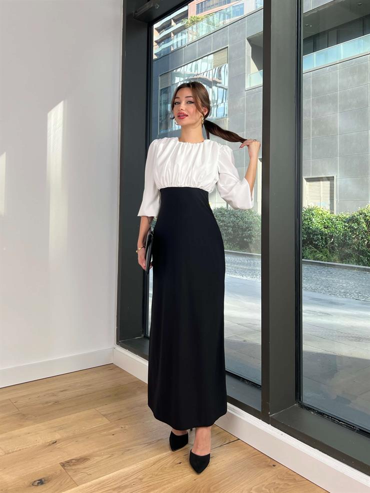 Boyun Ve Bel Kısmı Büzgü Detaylı Belden Oturtmalı Keliy Kadın Siyah Elbise 24Y049