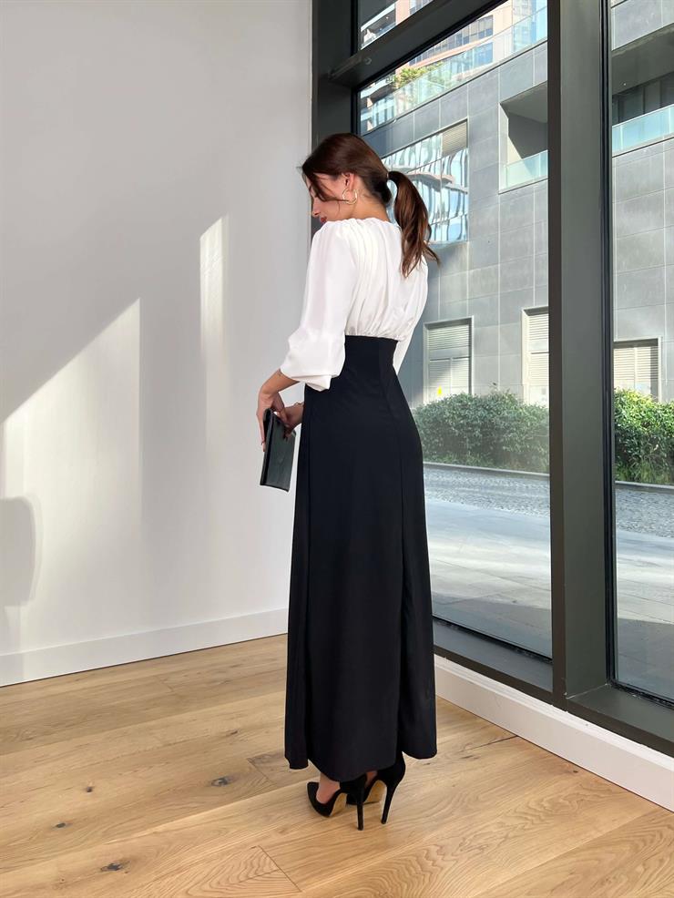 Boyun Ve Bel Kısmı Büzgü Detaylı Belden Oturtmalı Keliy Kadın Siyah Elbise 24Y049