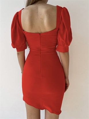 Önde Düğme Detay Yanı Drapeli Korse Kelly Kadın Turuncu Mini Elbise 22Y000287