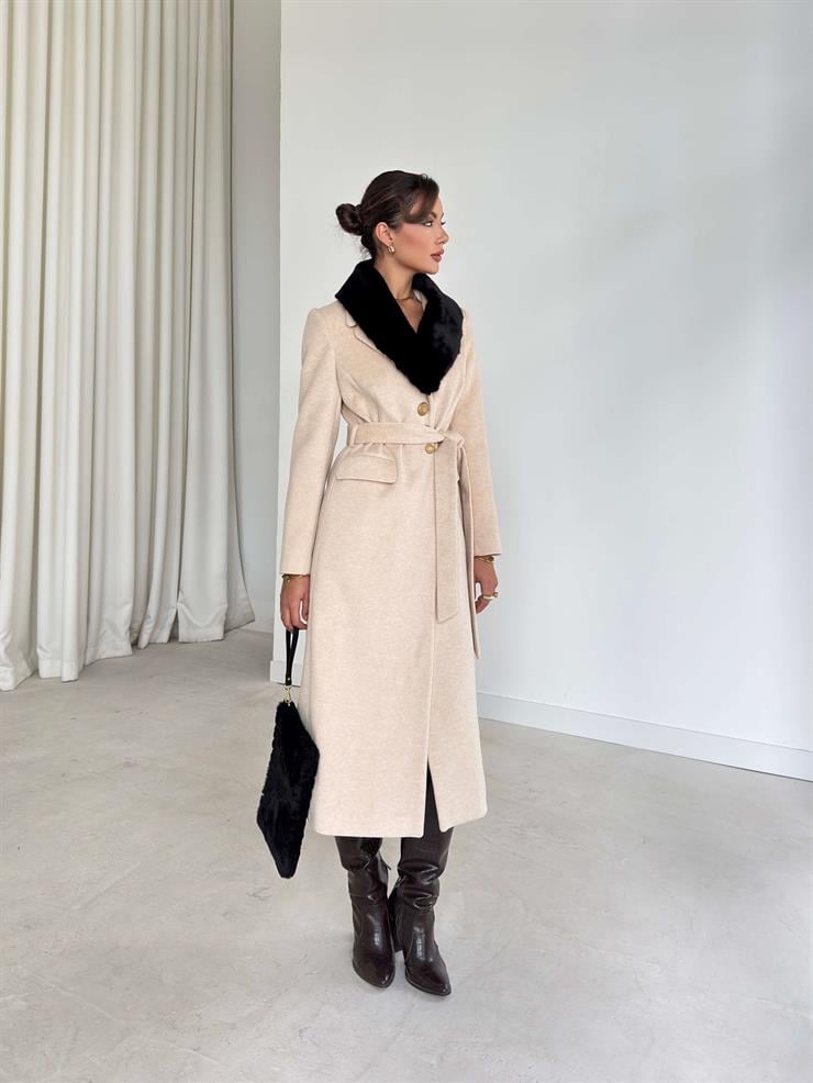 Yakası Tüylü Düğme Kapamalı Kuşaklı Kelmira Vizon Kaban Kaban 26K254