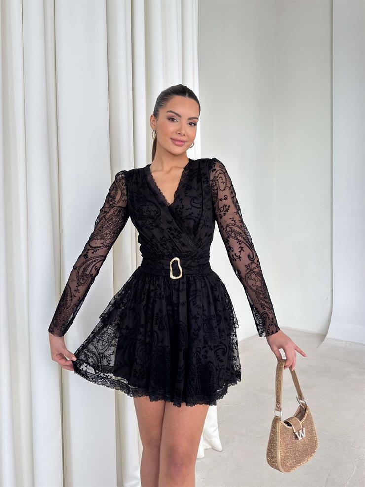 Kruvaze Yaka Eteği Pileli Desenli Tü Kelri Siyah Kadın Elbise 26K361