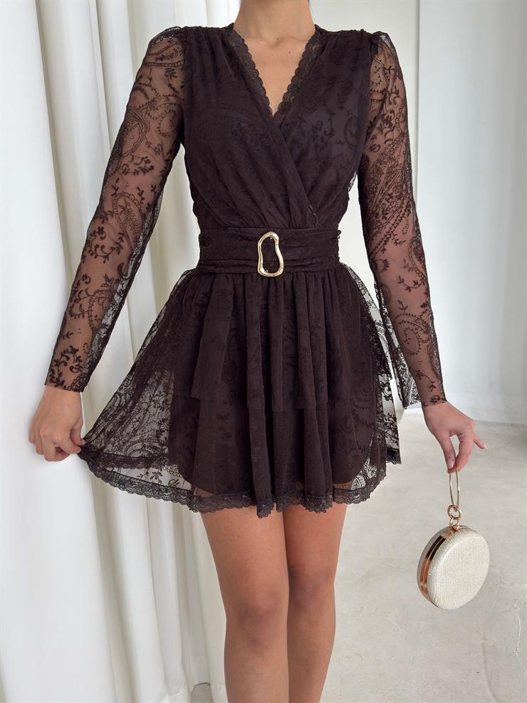 Kruvaze Yaka Eteği Pileli Desenli Tü Kelri Kahve Kadın Elbise 26K361