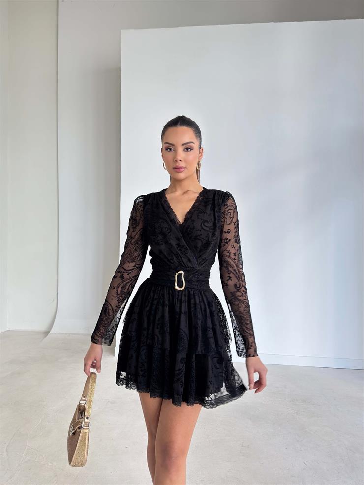 Kruvaze Yaka Eteği Pileli Desenli Tü Kelri Siyah Kadın Elbise 26K361