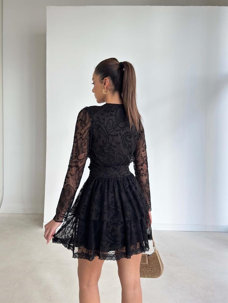 Kruvaze Yaka Eteği Pileli Desenli Tü Kelri Siyah Kadın Elbise 26K361