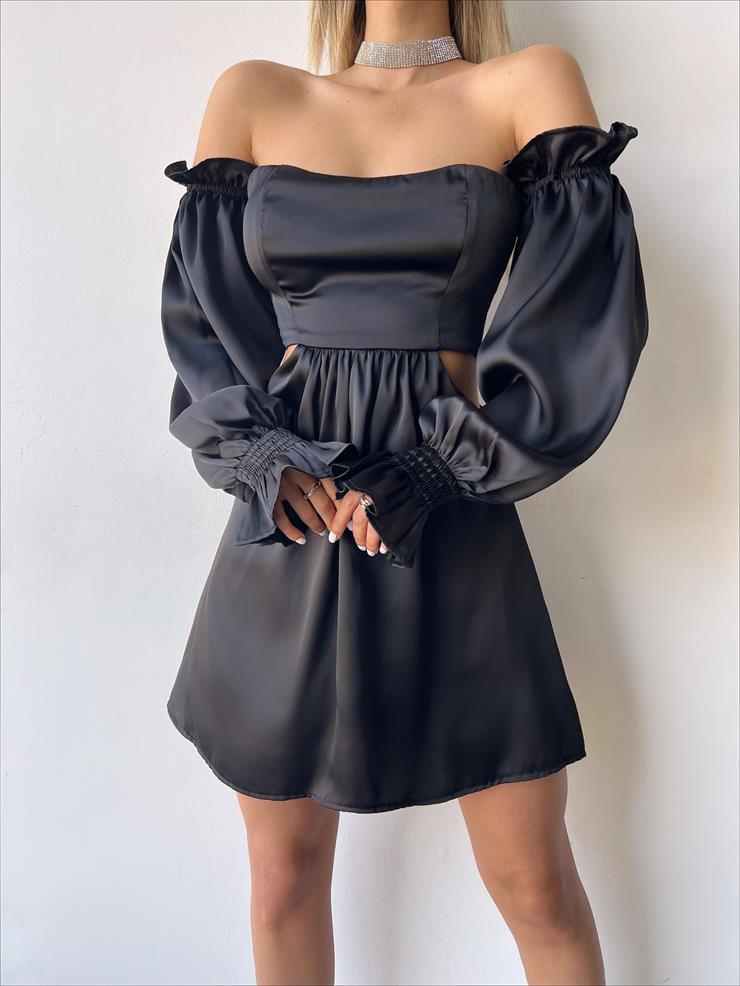 Lastikli Düşük Kol Beli Pencere Detaylı Kelya Kadın Siyah  Elbise 23Y000261