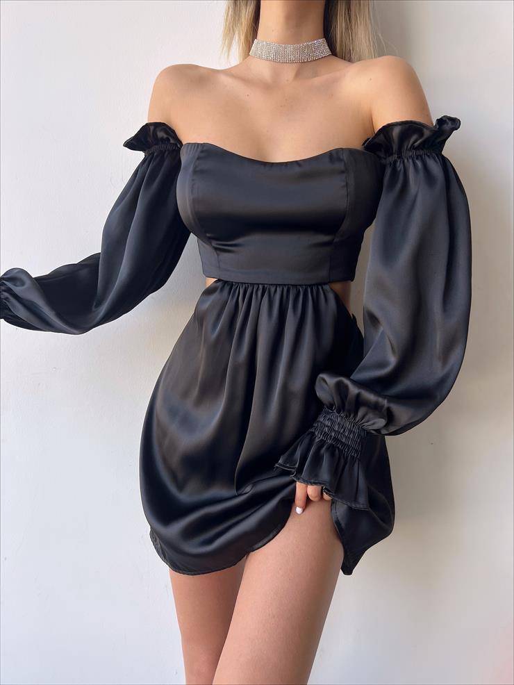 Lastikli Düşük Kol Beli Pencere Detaylı Kelya Kadın Siyah  Elbise 23Y000261