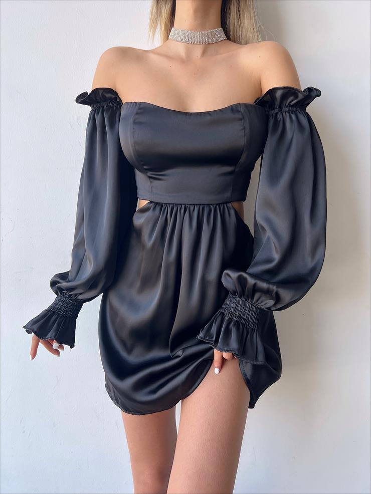 Lastikli Düşük Kol Beli Pencere Detaylı Kelya Kadın Siyah  Elbise 23Y000261