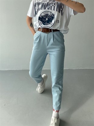 Yüksek Bel Kemerli Havuç Model Kadın Mavi Pantolon 21Y000015