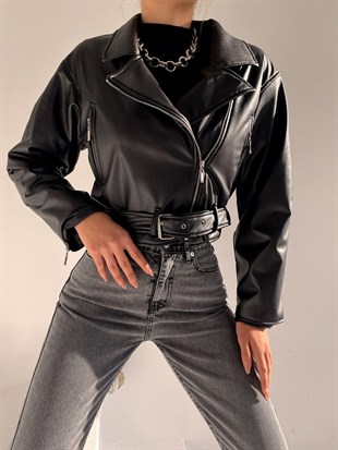 Kısa Kruvaze Beli Kemerli Kadın Siyah Motorcu Ceket 22K000145