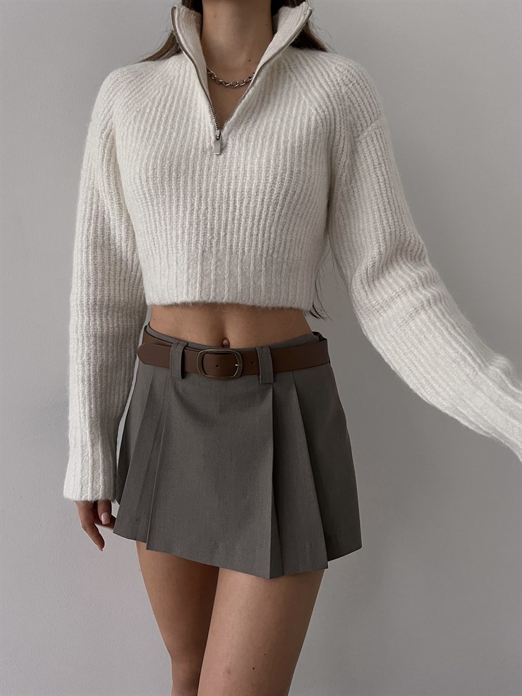 Önü Pileli Kemerli Kadın Vizon Şort Etek 23K000237