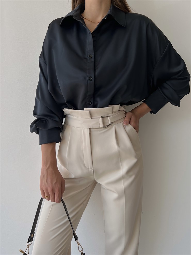 Kemerli Yüksek Bel Beli Pileli Havuç Model Sabin Kadın Bej Pantolon 22Y000508