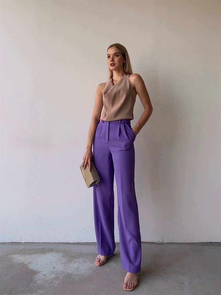 Kemerli Yüksek Bel Pileli Meliora Kadın Lila Palazzo Pantolon 22Y000318