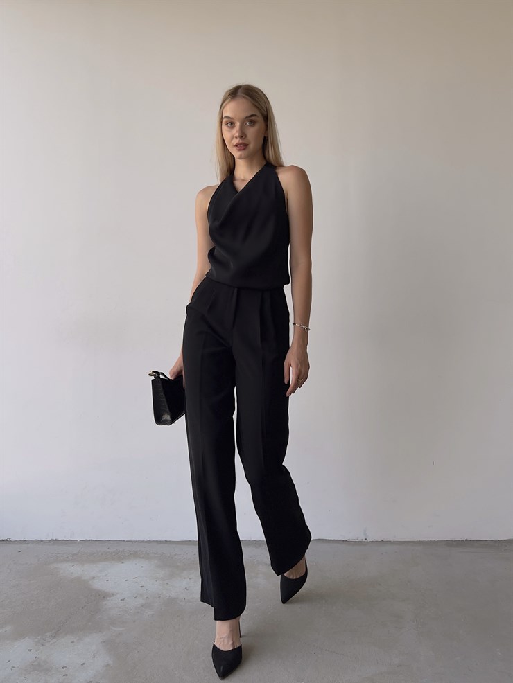 Kemerli Yüksek Bel Pileli Meliora Kadın Siyah Palazzo Pantolon 22Y000318