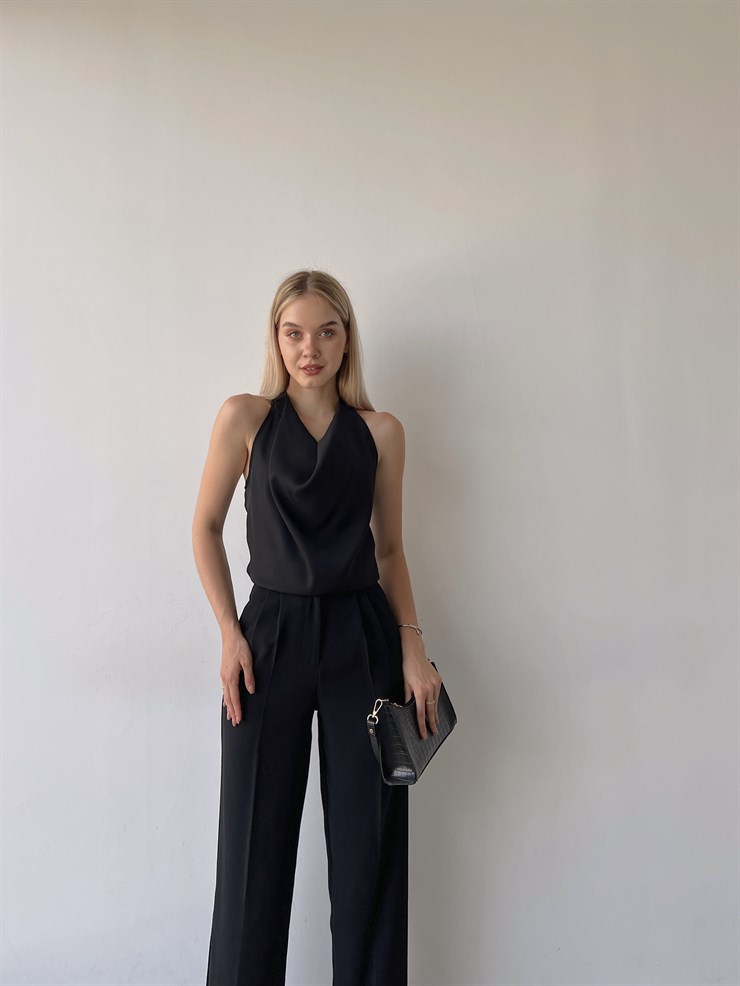 Kemerli Yüksek Bel Pileli Meliora Kadın Siyah Palazzo Pantolon 22Y000318