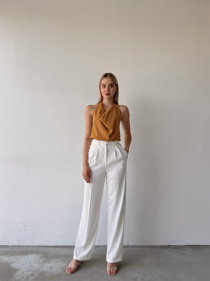 Kemerli Yüksek Bel Pileli Meliora Kadın Beyaz Palazzo Pantolon 22Y000318