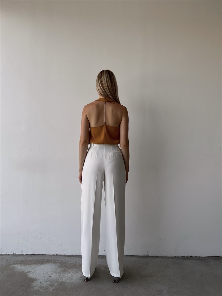 Kemerli Yüksek Bel Pileli Meliora Kadın Beyaz Palazzo Pantolon 22Y000318