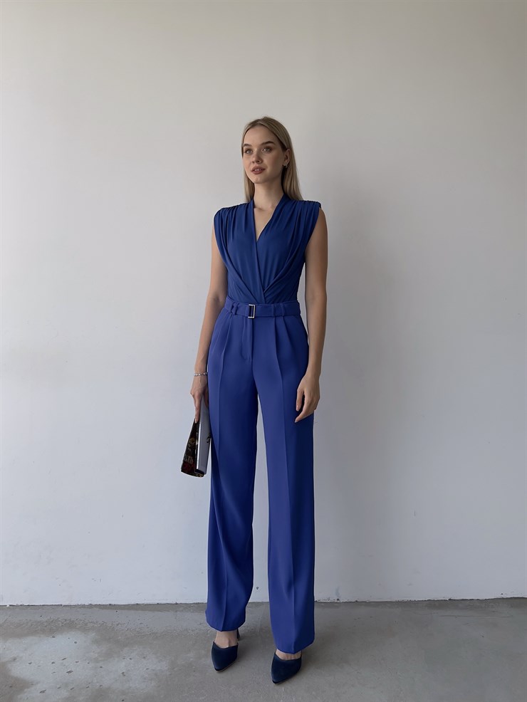 Kemerli Yüksek Bel Pileli Meliora Kadın Saks Palazzo Pantolon 22Y000318