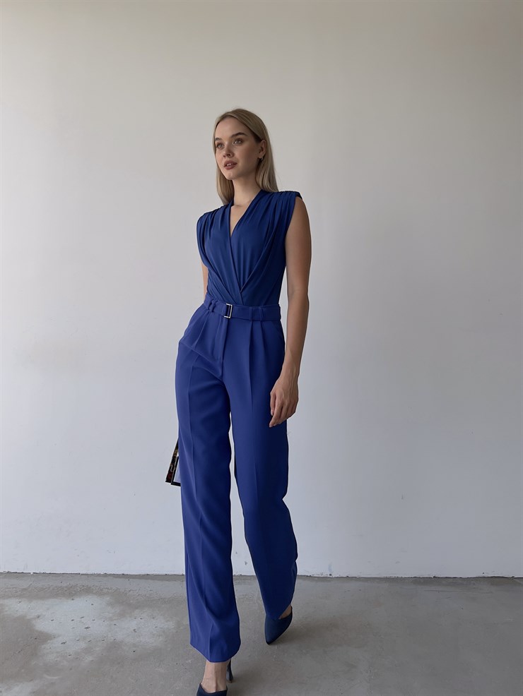 Kemerli Yüksek Bel Pileli Meliora Kadın Saks Palazzo Pantolon 22Y000318