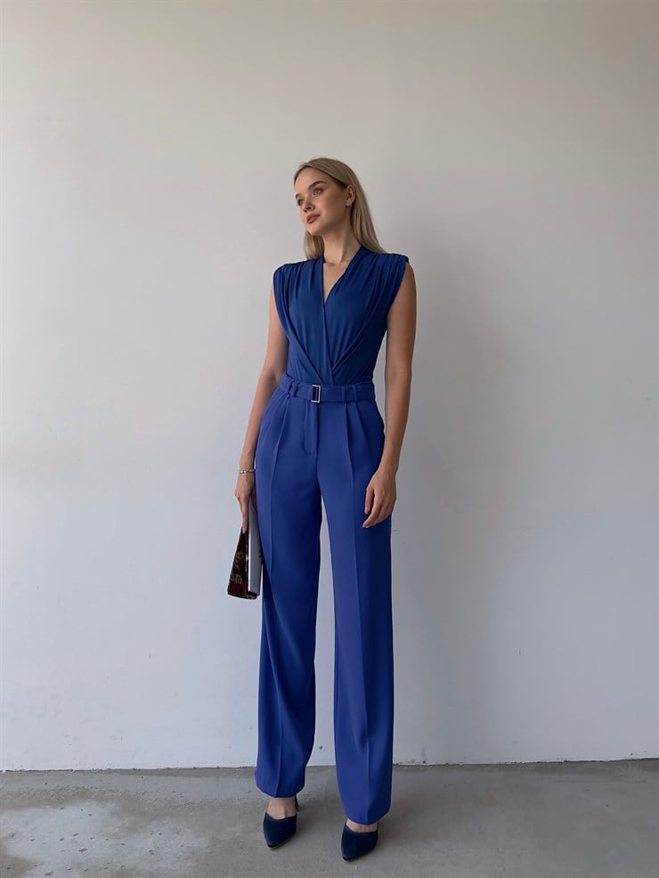 Kemerli Yüksek Bel Pileli Meliora Kadın Saks Palazzo Pantolon 22Y000318