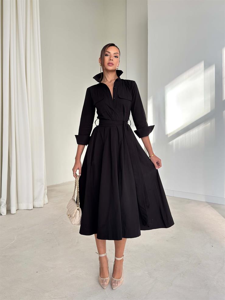 Kuşaklı Pileli Cepli Kemilda Siyah Kadın Elbise 26K293