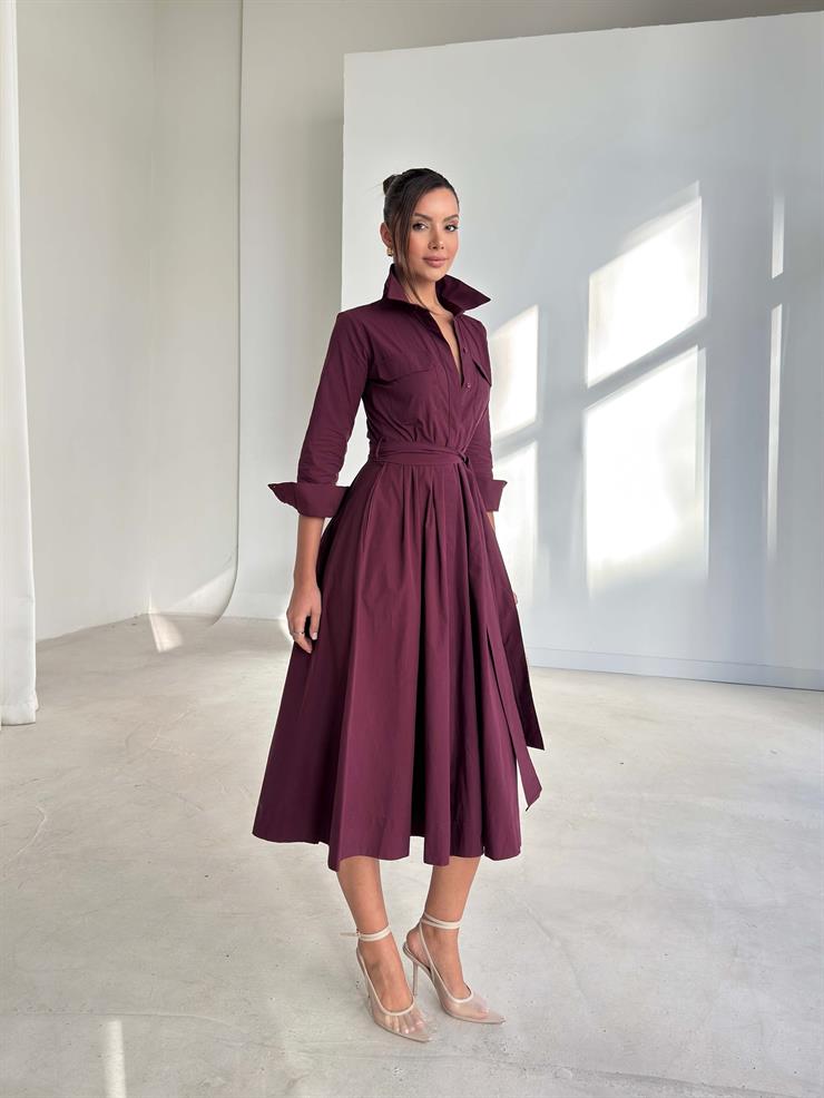 Kuşaklı Pileli Cepli Kemilda Bordo Kadın Elbise 26K293