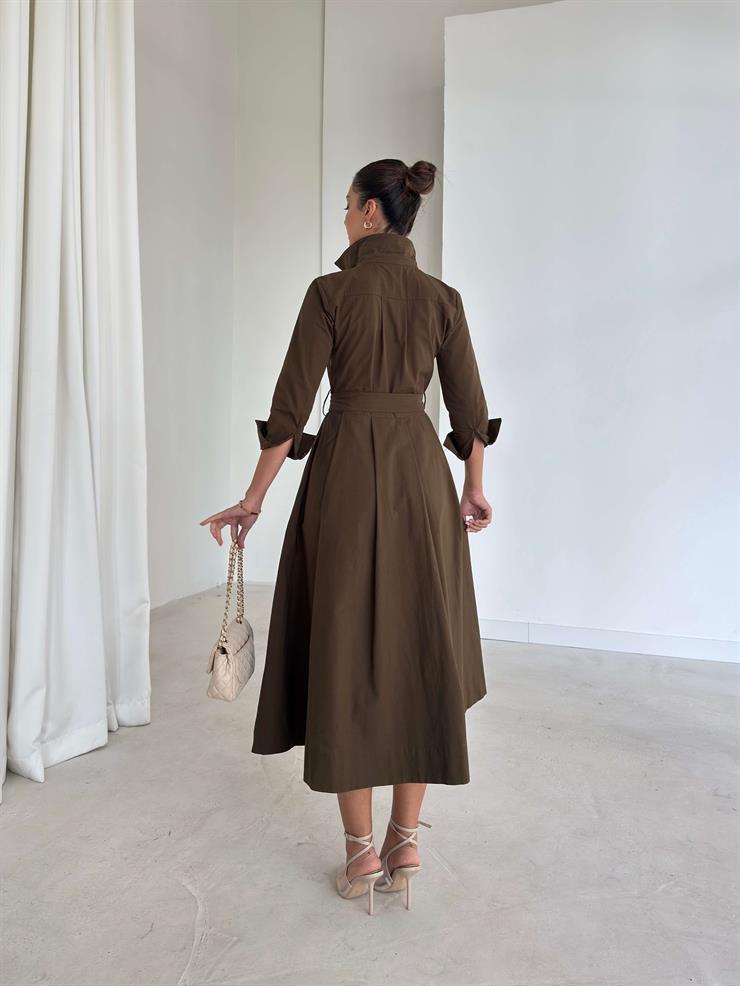 Kuşaklı Pileli Cepli Kemilda Haki Kadın Elbise 26K293