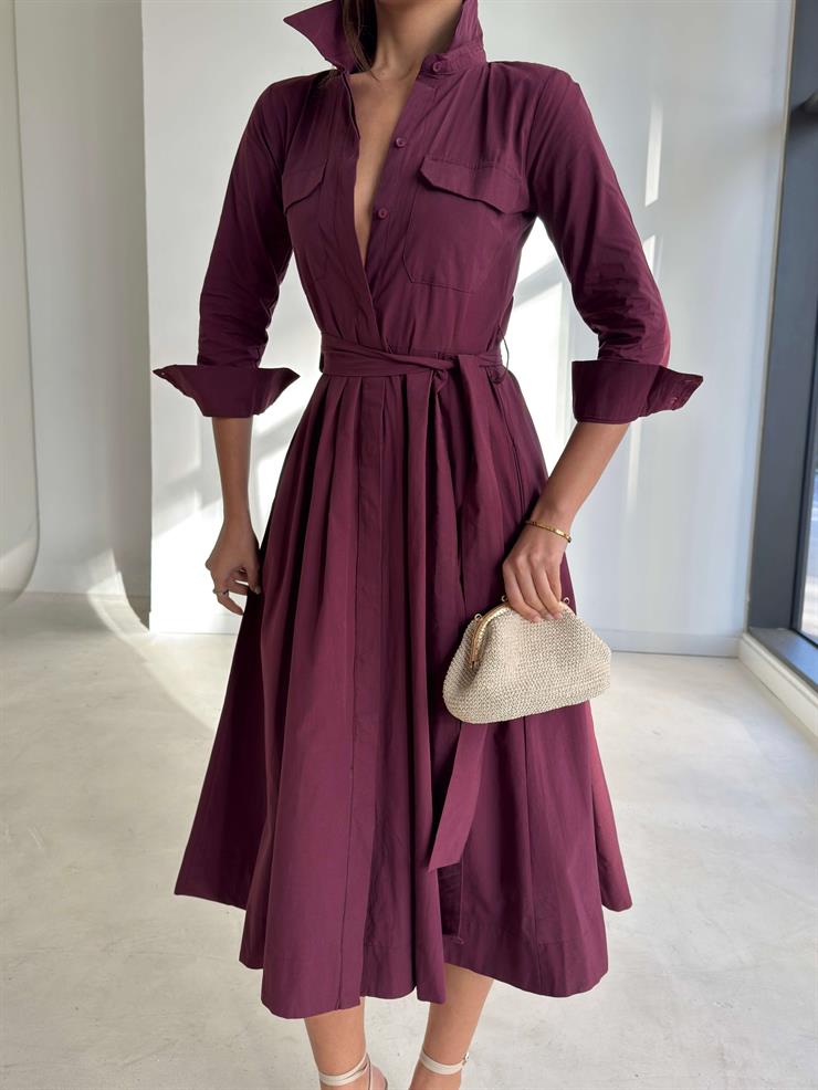 Kuşaklı Pileli Cepli Kemilda Bordo Kadın Elbise 26K293