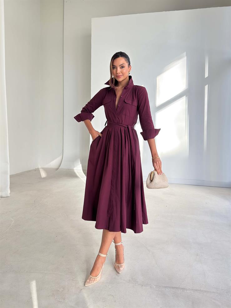 Kuşaklı Pileli Cepli Kemilda Bordo Kadın Elbise 26K293