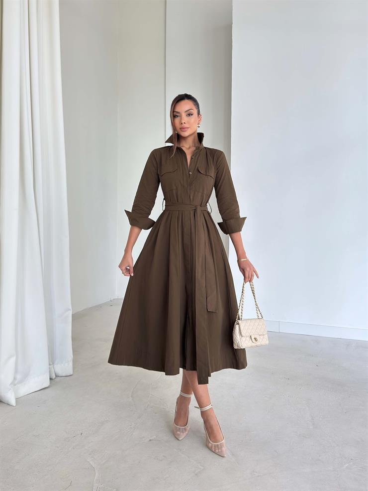 Kuşaklı Pileli Cepli Kemilda Haki Kadın Elbise 26K293