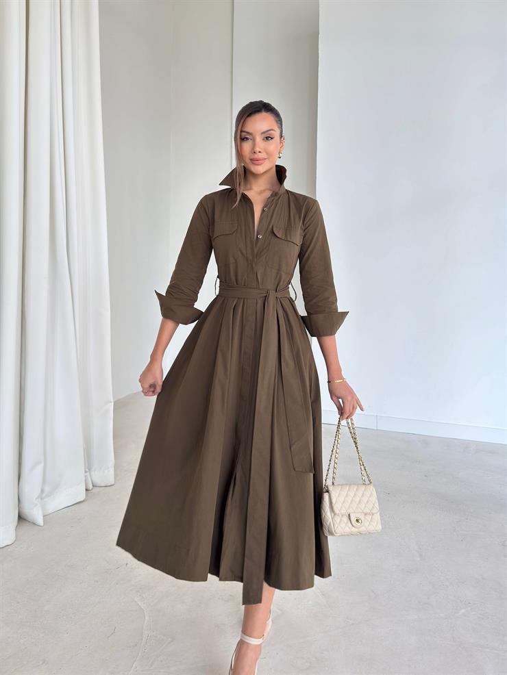 Kuşaklı Pileli Cepli Kemilda Haki Kadın Elbise 26K293