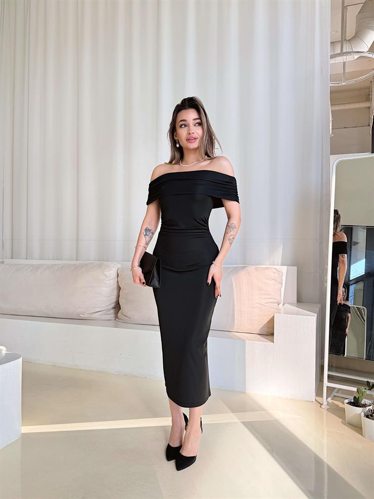 Madonna Yaka Drapeli Kemp Siyah Kadın Elbise 25Y091