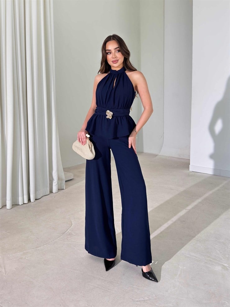 Halter Yaka Aksesuarlı Lacivert Kendra Kadın Tulum 26Y336