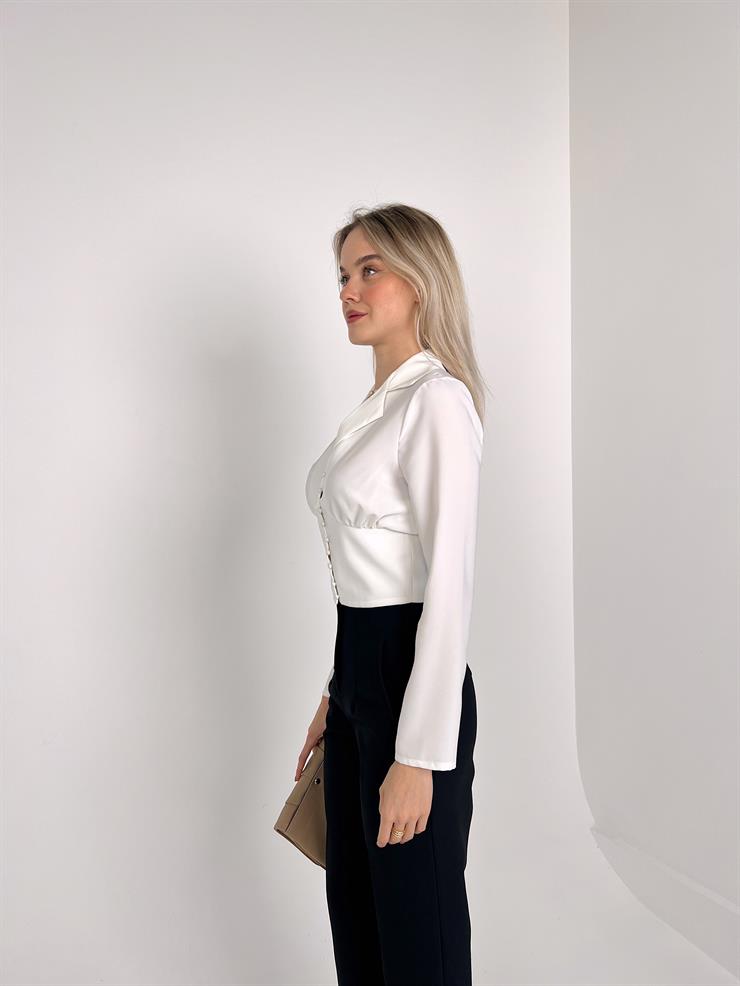 V Yaka Önü Düğme Detaylı Kendri Kadın Beyaz Gömlek 23Y000132