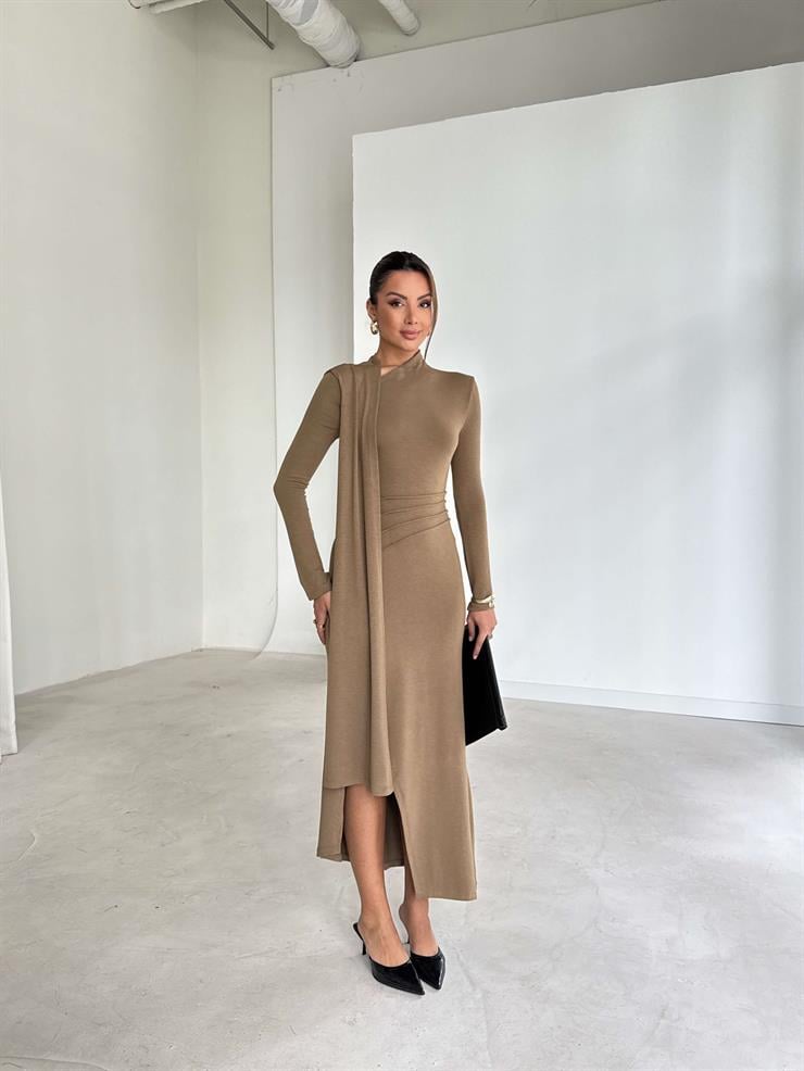 Kuşaklı Yırtmaçlı Kendrick Vizon Kadın Elbise 26K282