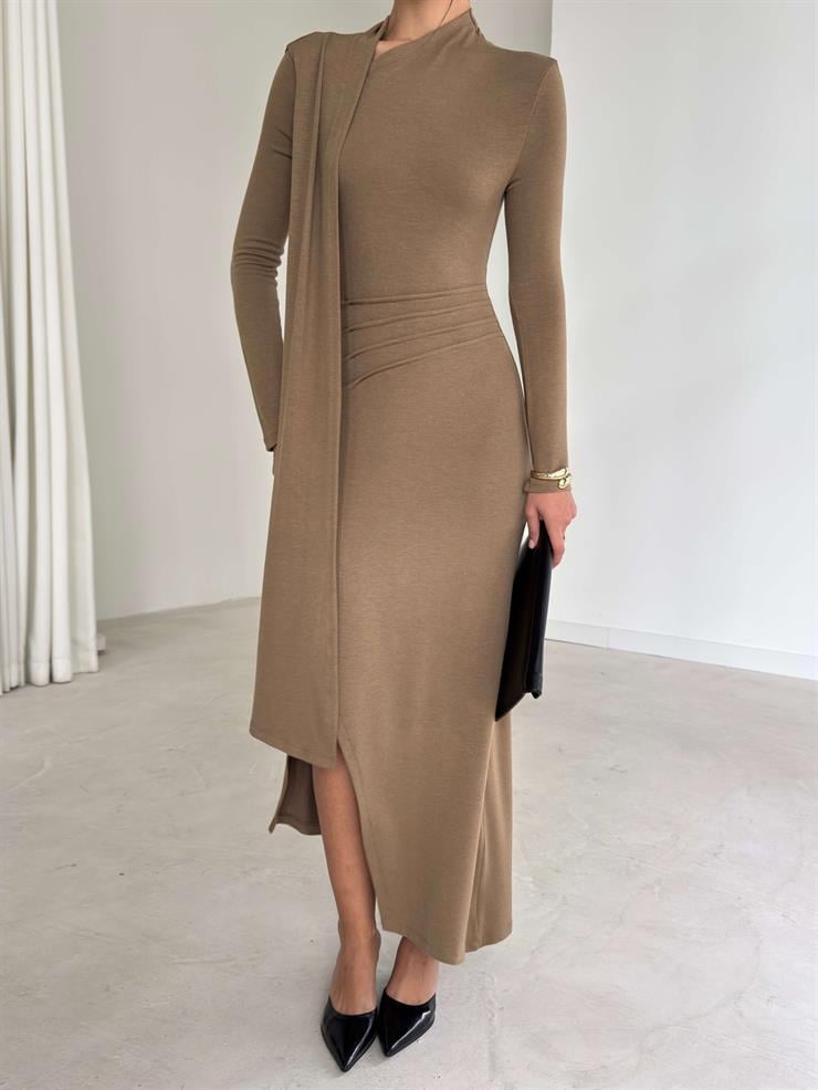 Kuşaklı Yırtmaçlı Kendrick Vizon Kadın Elbise 26K282