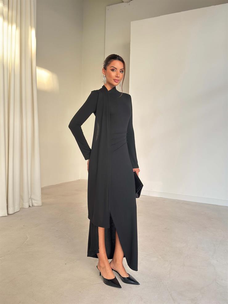 Kuşaklı Yırtmaçlı Kendrick Siyah Kadın Elbise 26K282