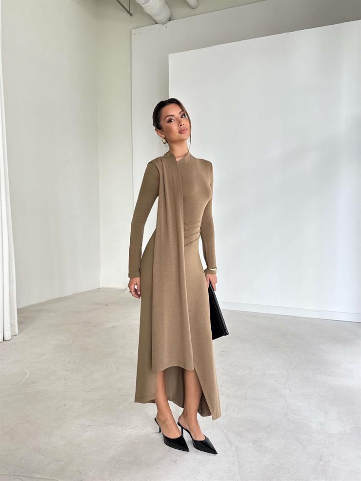 Kuşaklı Yırtmaçlı Kendrick Vizon Kadın Elbise 26K282