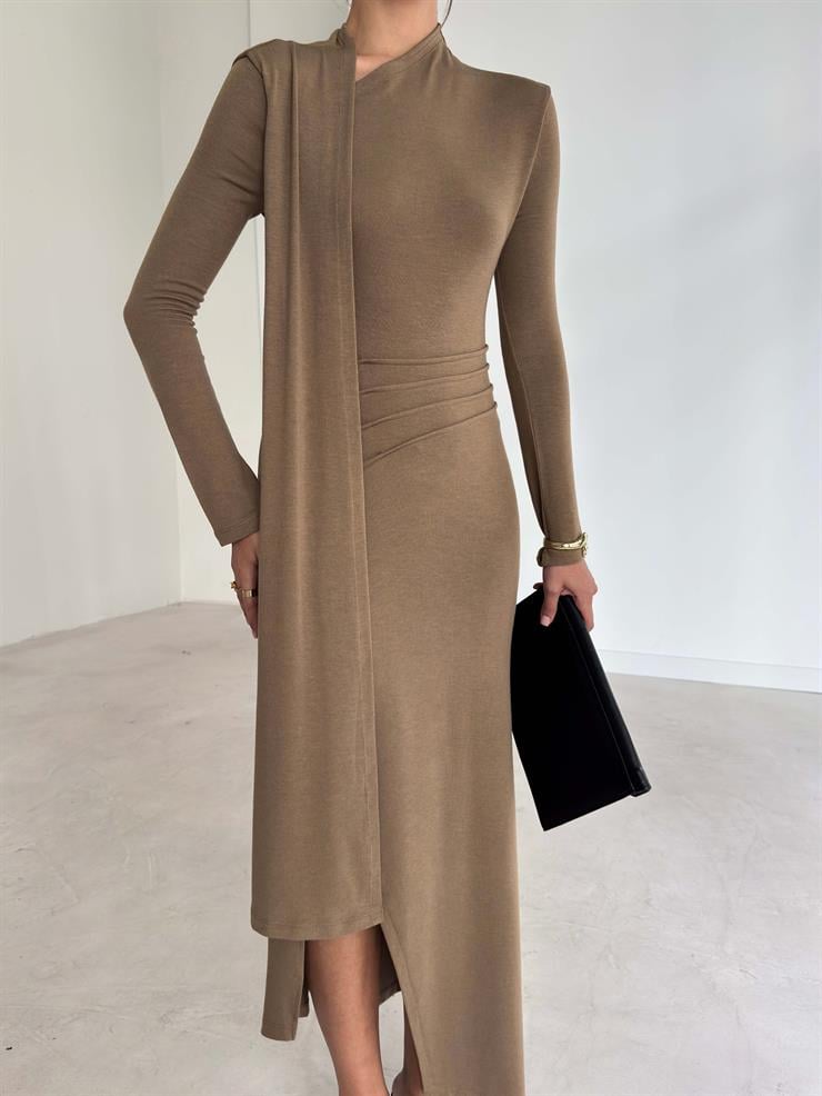 Kuşaklı Yırtmaçlı Kendrick Vizon Kadın Elbise 26K282