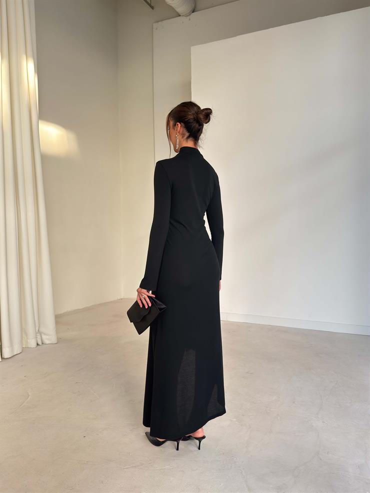 Kuşaklı Yırtmaçlı Kendrick Siyah Kadın Elbise 26K282