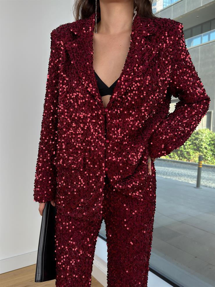 Yüksek Bel Bol Paça Payetli Kenlar Bordo Kadın Pantolon 25K348