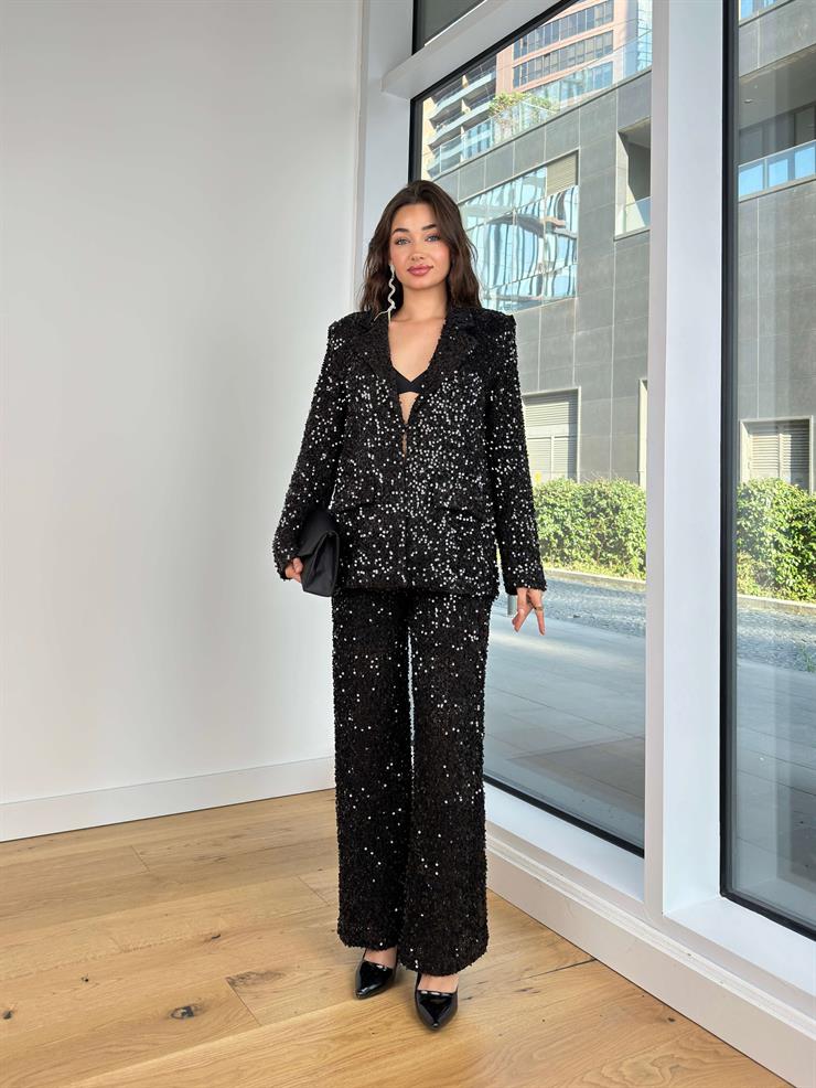 Yüksek Bel Bol Paça Payetli Kenlar Siyah Kadın Pantolon 25K348