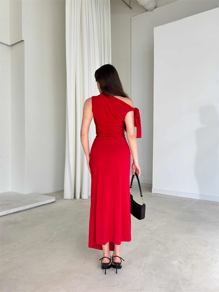 Omuzdan Bağlamalı Eteği Yırtmaçlı Midi Boy Kırmızı Kenna Kadın İkili Takım 26Y166