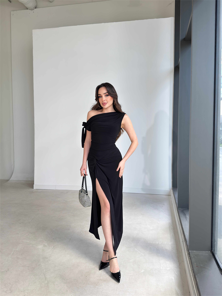 Omuzdan Bağlamalı Eteği Yırtmaçlı Midi Boy Siyah Kenna Kadın İkili Takım 26Y166