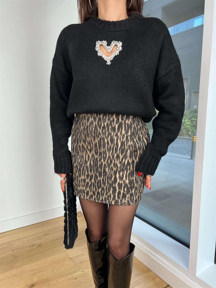 Göğüs Kısmı Kalp Pencereli Kenner Siyah Kadın Kazak 25K300