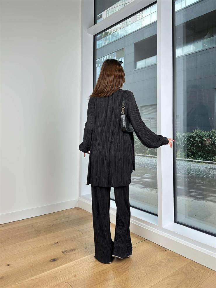 Askılı Bralet Yüksek Bel Bol Pantolon Ve Gömlek Kens Kadın Siyah Üçlü Piliseli Takım 23Y000427