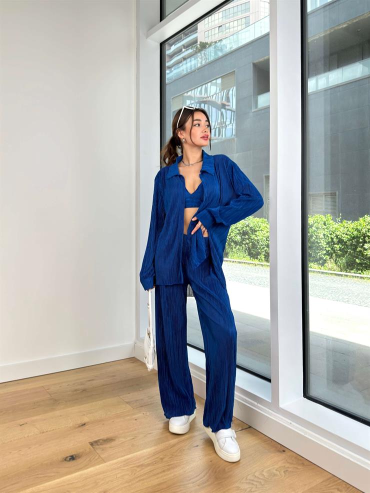 Askılı Bralet Yüksek Bel Bol Pantolon Ve Gömlek Kens Kadın Saks Üçlü Piliseli Takım 23Y000427