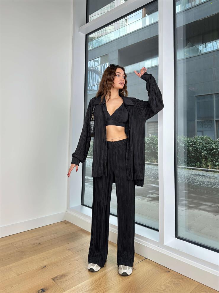 Askılı Bralet Yüksek Bel Bol Pantolon Ve Gömlek Kens Kadın Siyah Üçlü Piliseli Takım 23Y000427