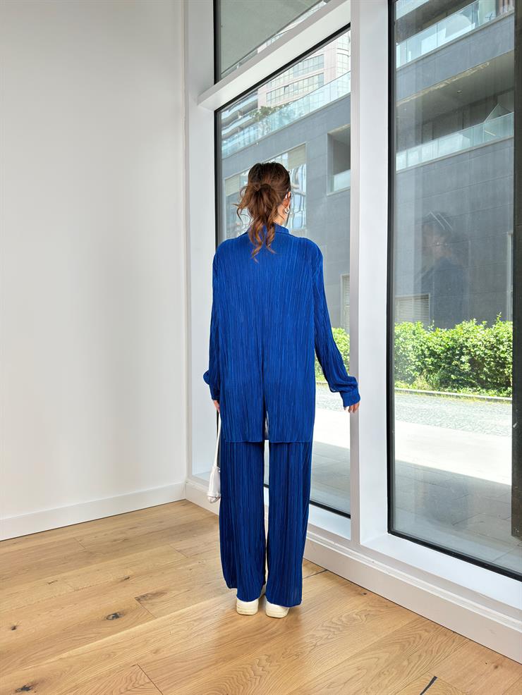 Askılı Bralet Yüksek Bel Bol Pantolon Ve Gömlek Kens Kadın Saks Üçlü Piliseli Takım 23Y000427