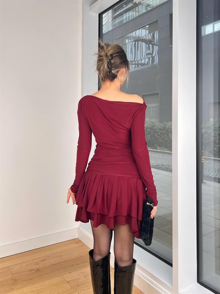 Düşük Omuz Drapeli Eteği Katlı Kenza Bordo Kadın Mini Elbise 25K414