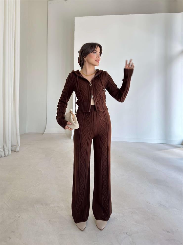 Kapüşonlu Önü Fermuarlı Keplini Kahve Kadın İkili Triko Takım 26K198